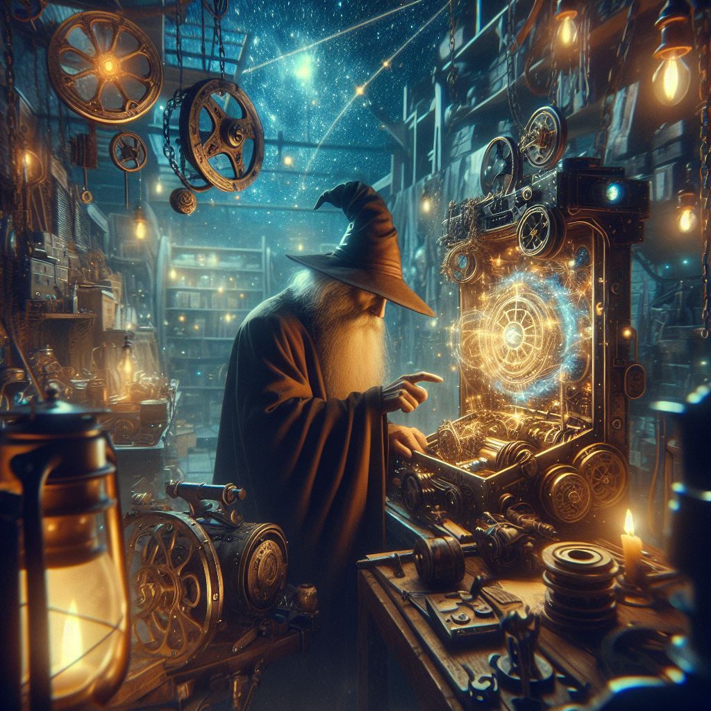 a mechanical wizard's mystical workshop