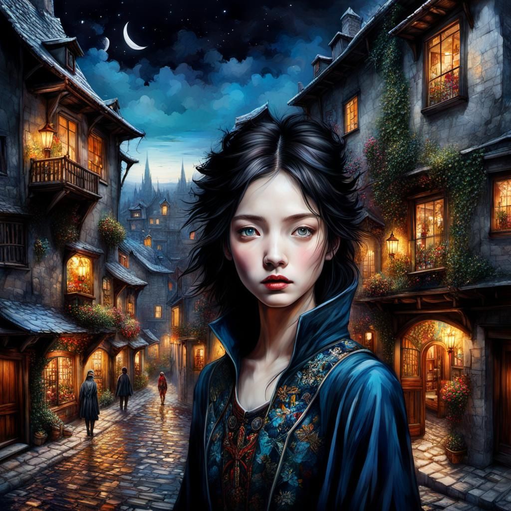 Medieval Town at Night in Hyperrealistic Style