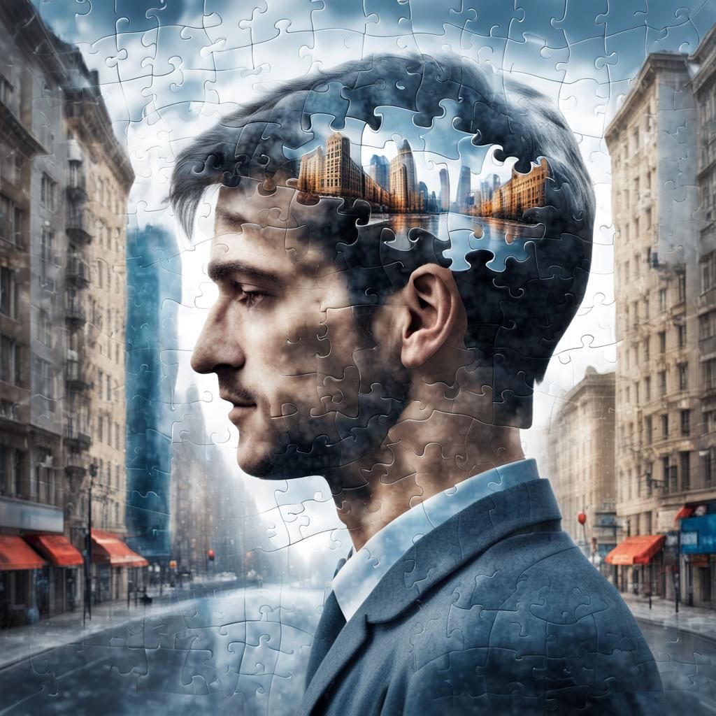 3D puzzle background cityscape depicting a man. Double expos...