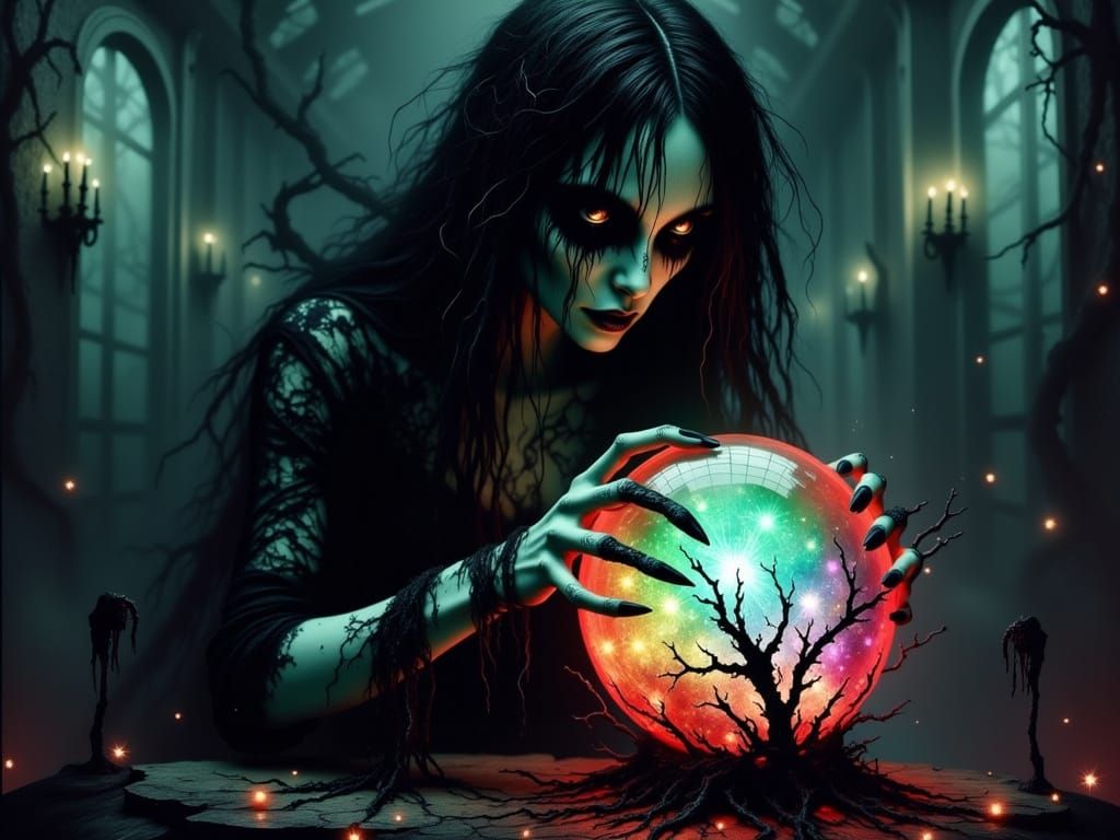 Eerie Witch with Crystal Ball in Gothic Dark Fantasy Style