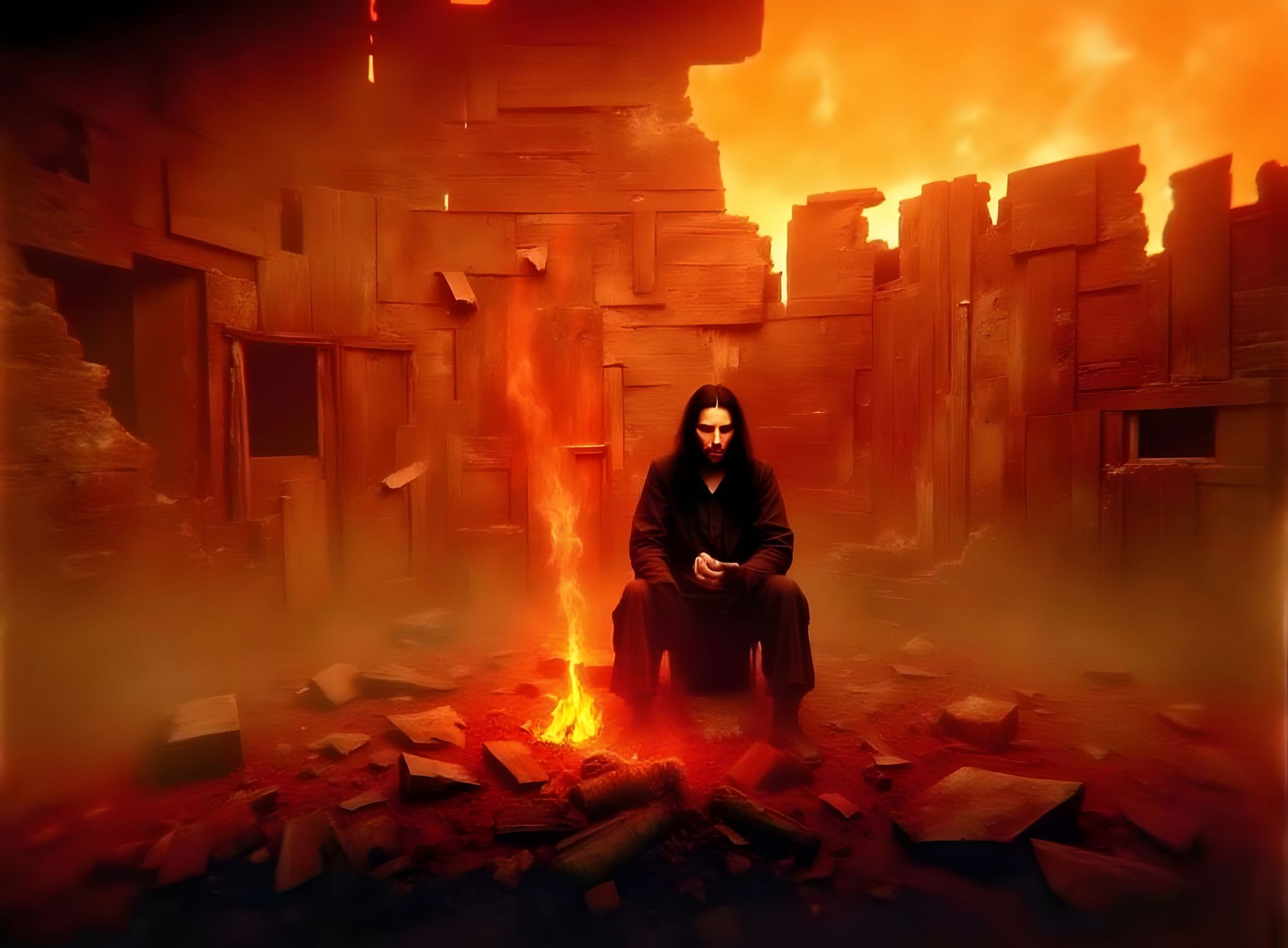 <lora:Morbid:1.0> A stoic man with long, black hair sitting in a meditative pose within a crumbling, burning house, its wooden walls consume...
