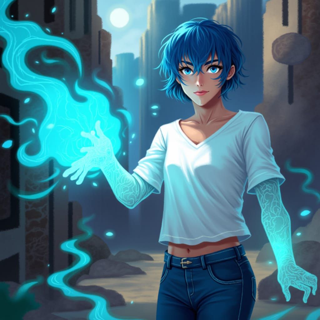 Woman with Blue Energy in Urban Setting