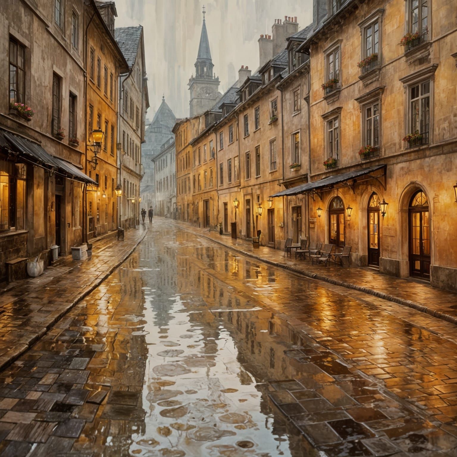 An old European city after a heavy rain. The streetlights cast a warm, diffused glow.  by @Starlight77