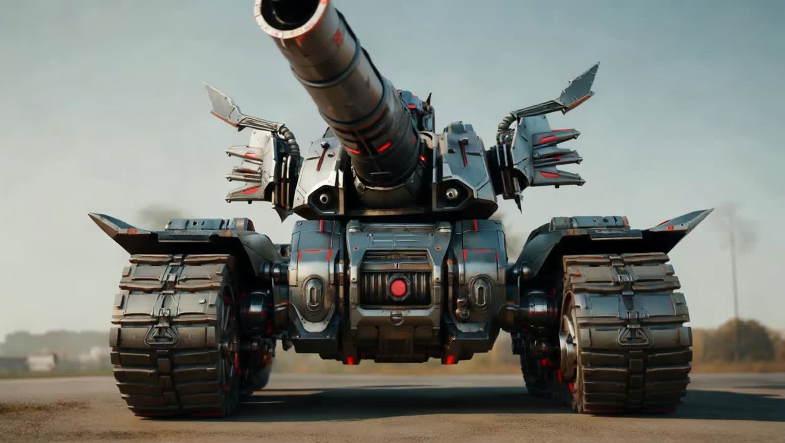 A steampunk transformer that can transform into a cyberpunk tank transforms and starts shooting high tech missles