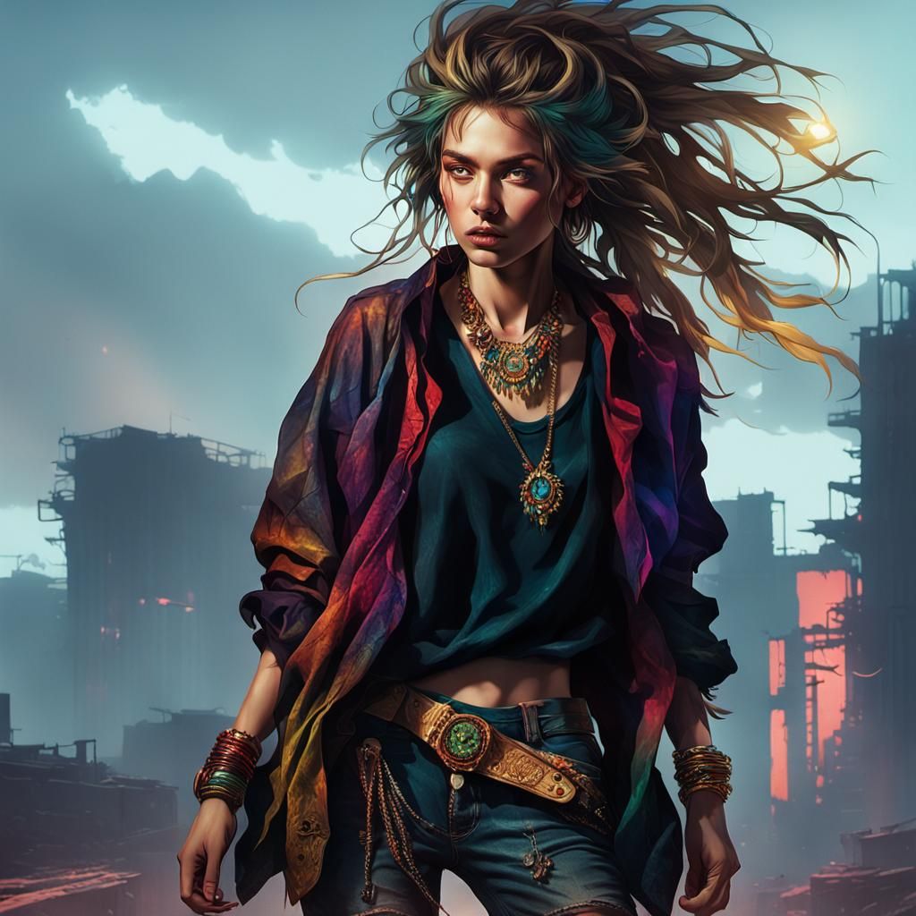 Hyper-Realistic Grunge Fashion Portrait in Golden Hour Glow