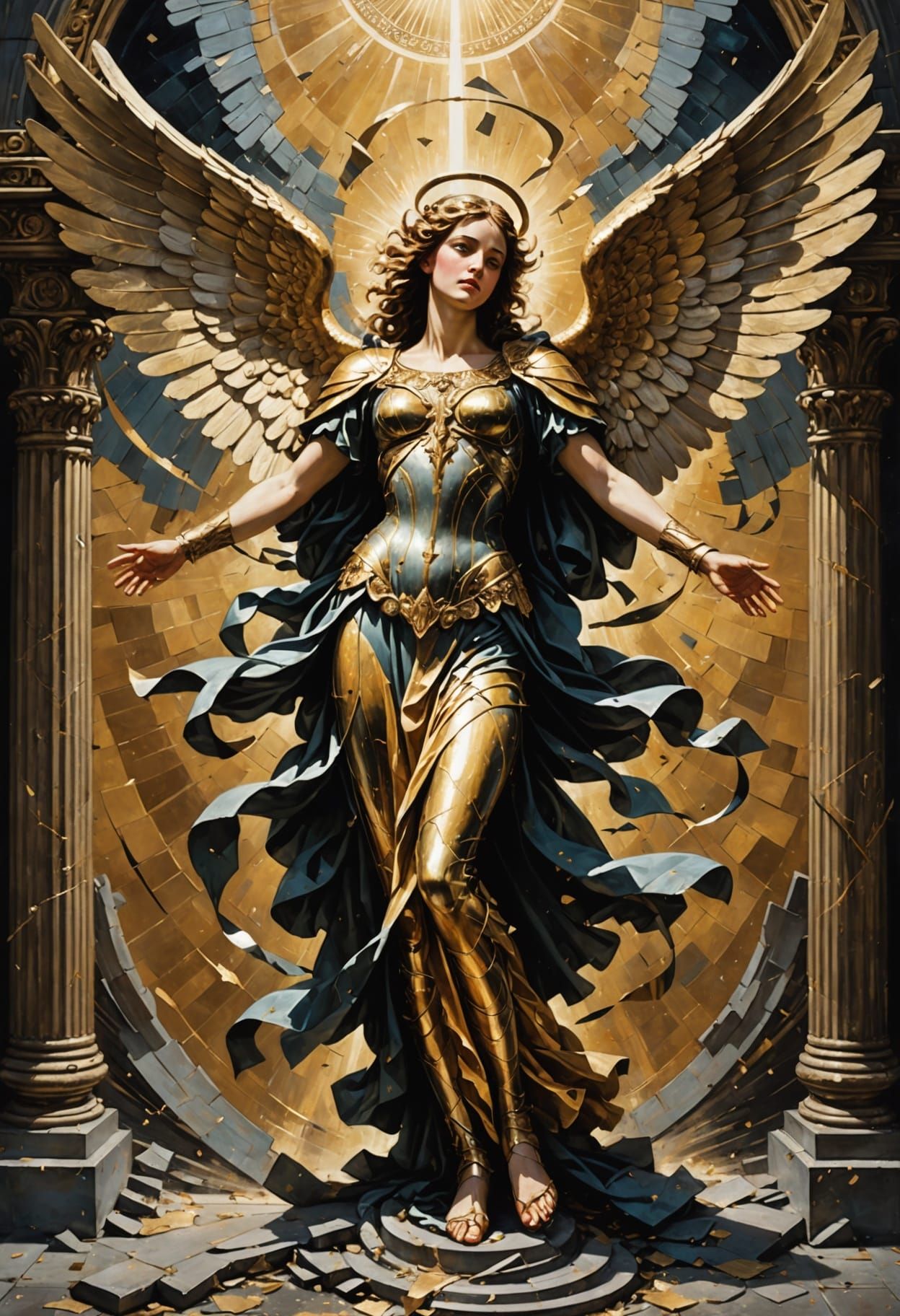 Art deco. Medium shot. A majestic angel with fallen divinity wings is captured mid-fall, reaching for a shattered halo. Academic art style. ...