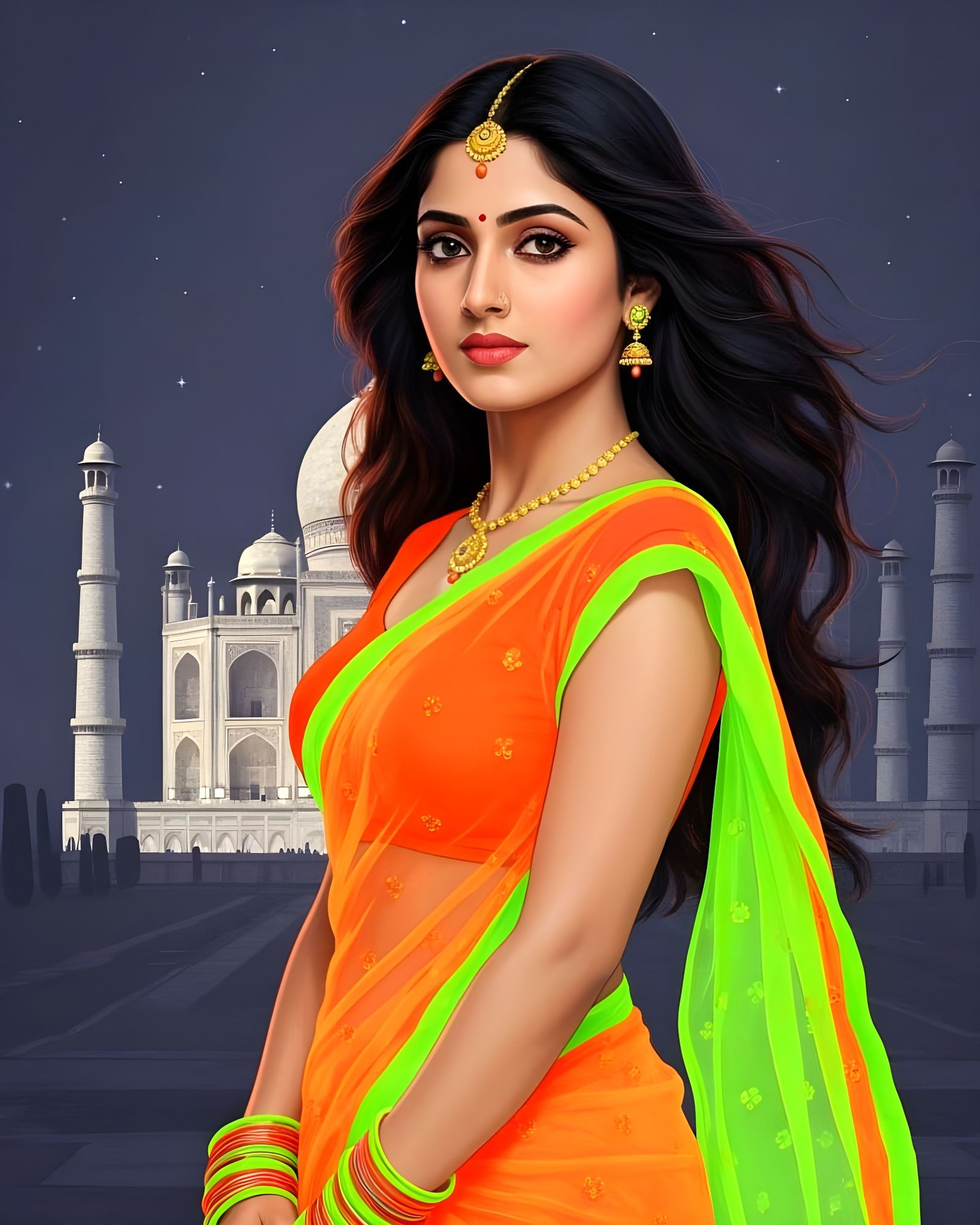 Sari in neon green and neon orange national colors  by @Gary Murakami