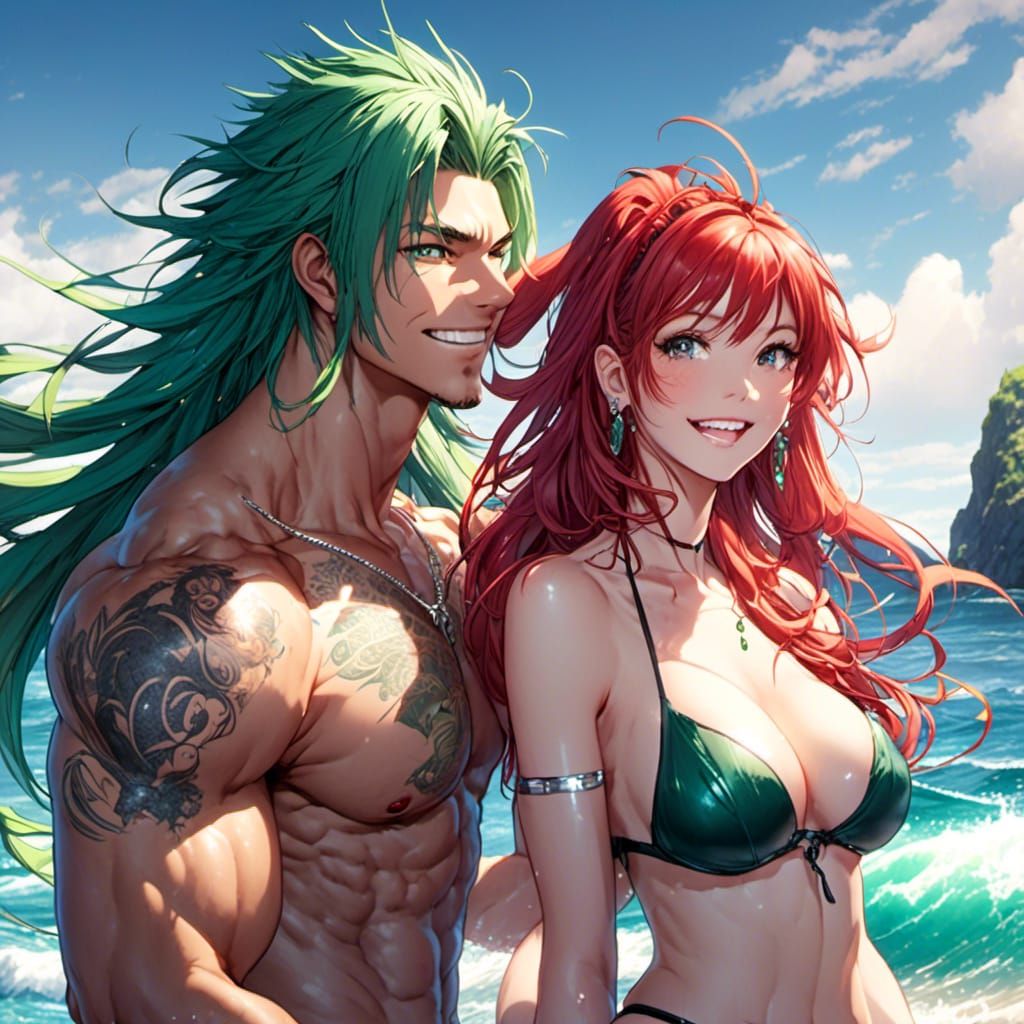 Green haired man and Red Headed woman enjoying the beach together