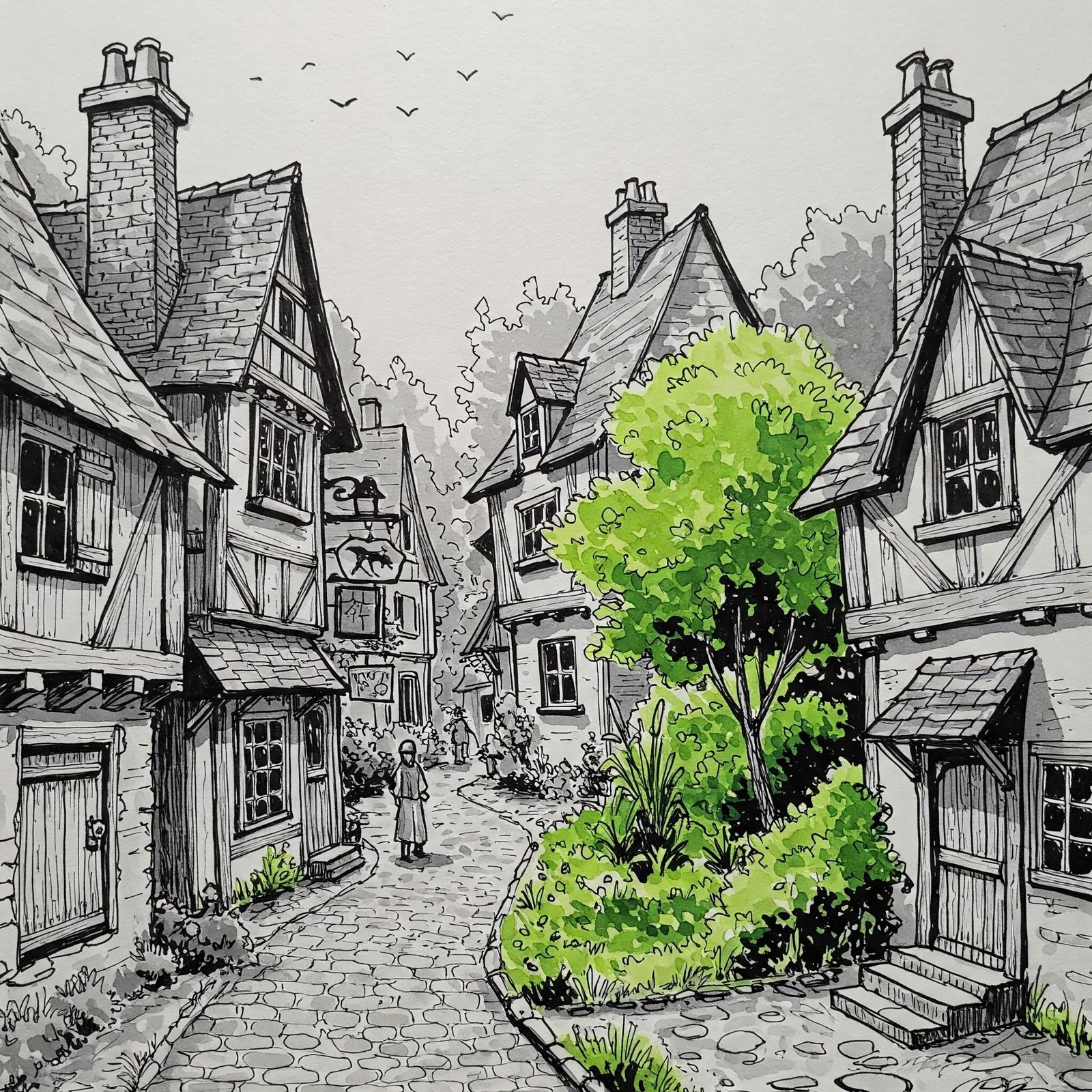 Green-tinted village