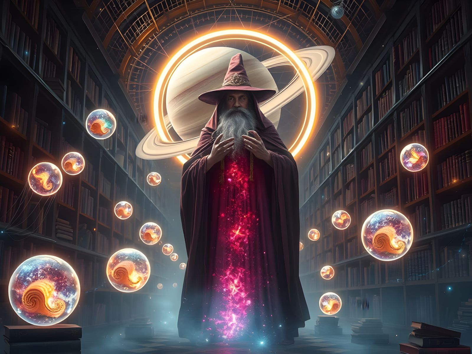  Wizard enchanted library, quantum portal  by @tsahel