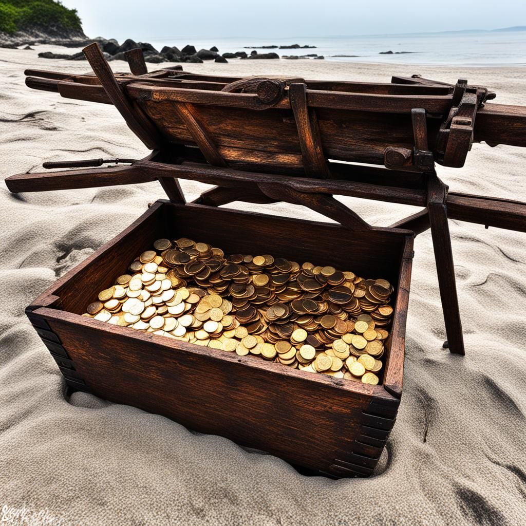 Pirate Treasure on Beach: Gold Ingots and Coins
