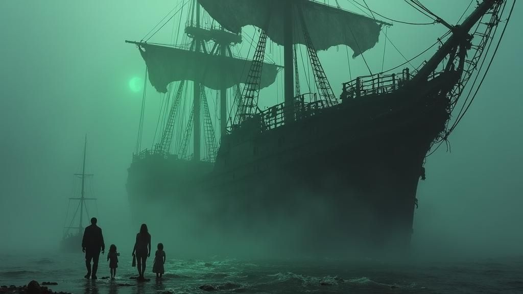 "Extreme wide shot, ARRI ALEXA 65. The massive, decrepit form of an ancient pirate ship looms out of the fog. Rotting timbers, tattered sail...