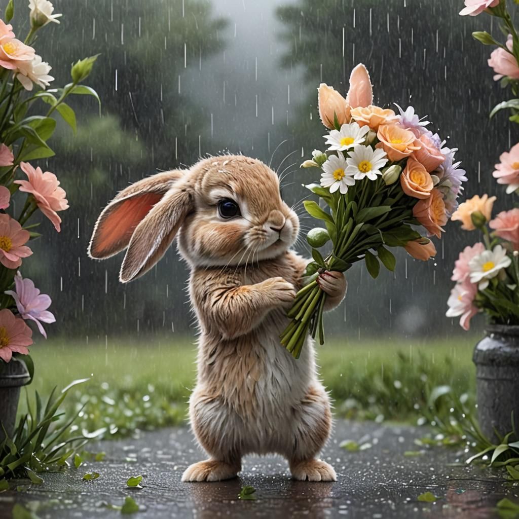 Baby bunny holding a bouquet of flowers in the rain  by @Christine18