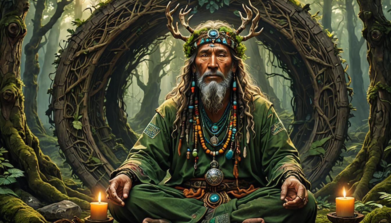 druid shaman within meditation, transcending consciousness, ...