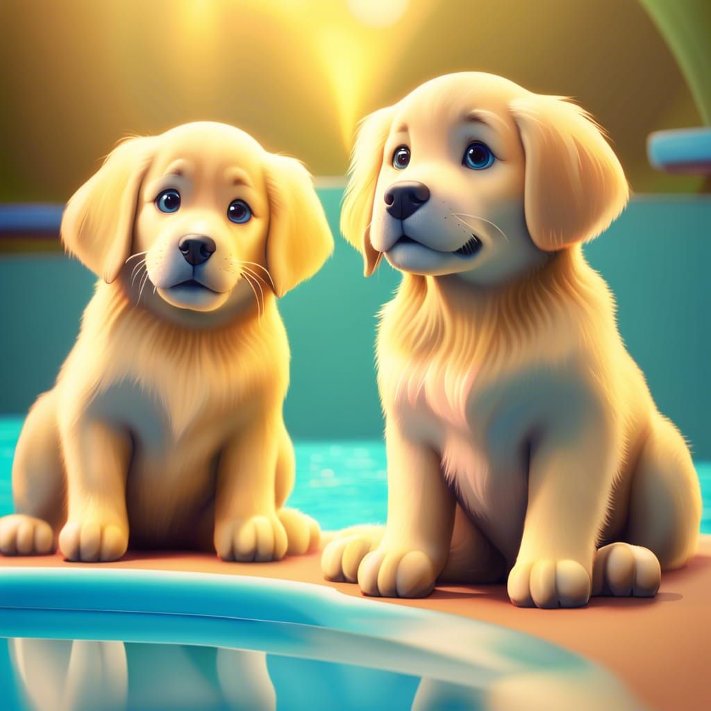 Golden Retriever Puppies Poolside: Pixar Style 3D Render