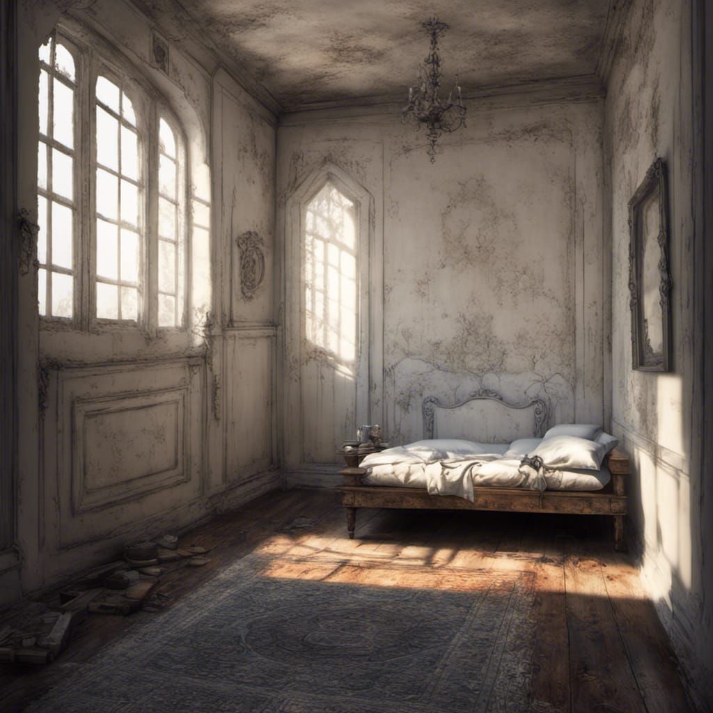 A small empty room with a single very small window where morning light