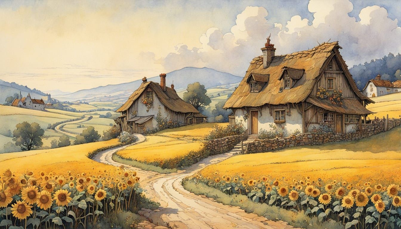 Charming Night Over Rustic Village, Watercolor Illustration