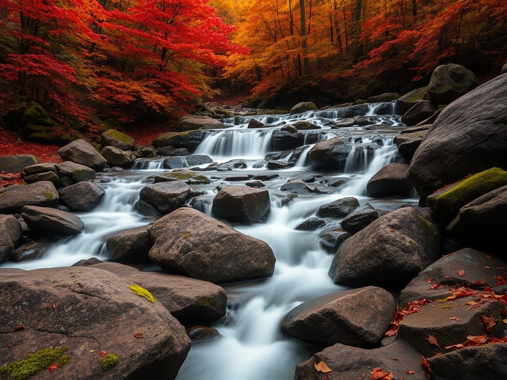 A cascading waterfall flows over rocks in a serene autumnal forest.    by @mcecelia