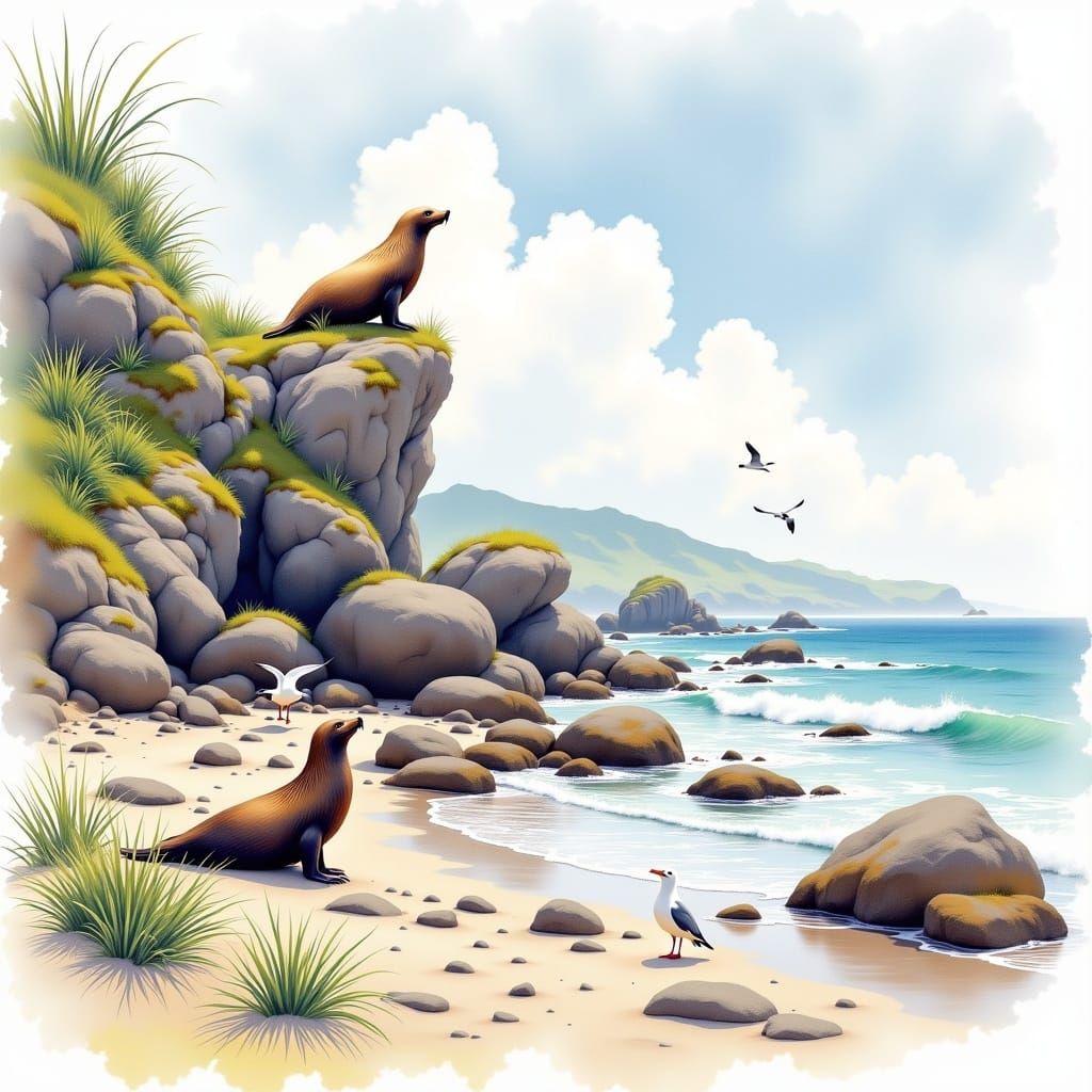 In Claude Monet style. Epic view of a rocky coastal beach biome with a large sea lion and a seagull present. Watercolor. <lora:Watercolor wo...