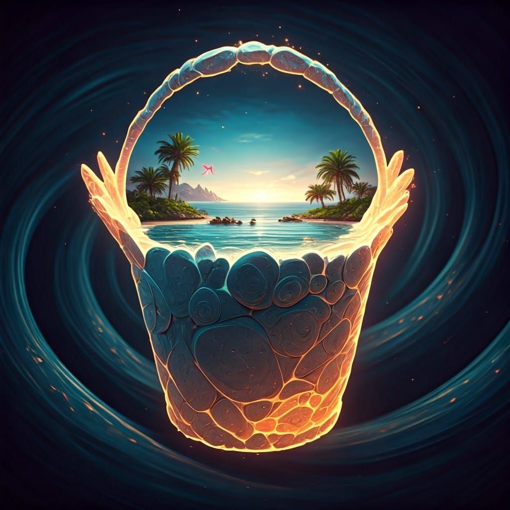 Dreamy Seaside Landscape in a Glowing, Ethereal Bucket