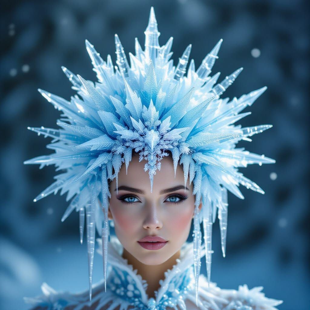 An elaborate headdress resembling a miniature, frozen waterfall, sculpted from shimmering ice crystals ...  by @Eclectic shambles