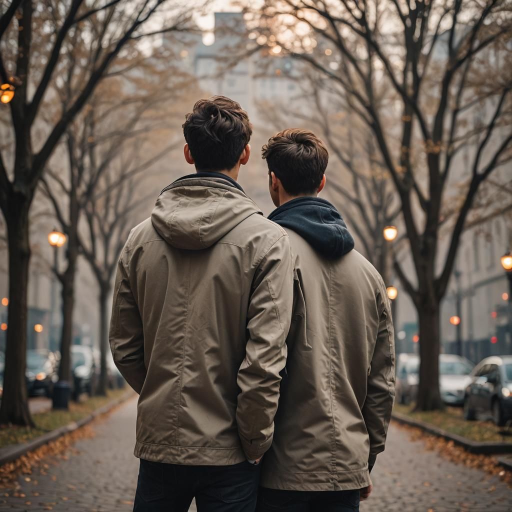 Only two young men only seeing their backs in a dim ally way