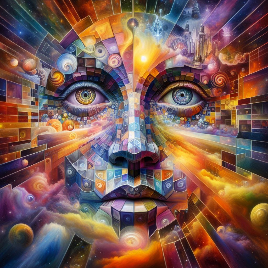 A portrait with a kaleidoscopic twist: The face is an array of geometric shapes