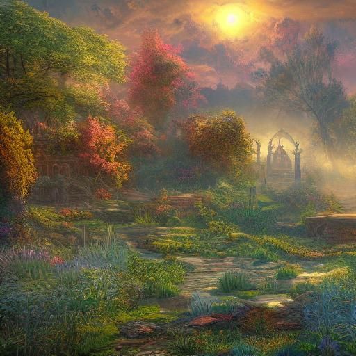 rural mystic garden in bright light of golden hour