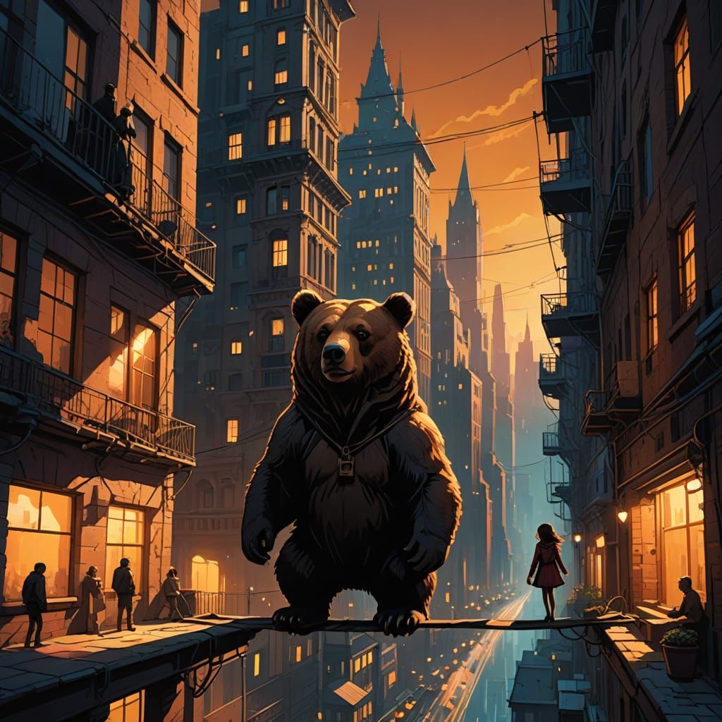 Create a scene for me of a 3-year-old girl walking on a tightrope between two very tall buildings. The girl is holding a brown bear and behi...
