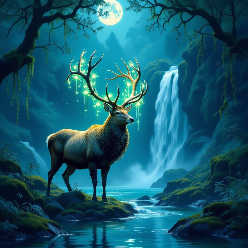 A majestic stag with antlers entwined with glowing vines stands protectively before a hidden waterfall cascading into a crystal-clear pool.
