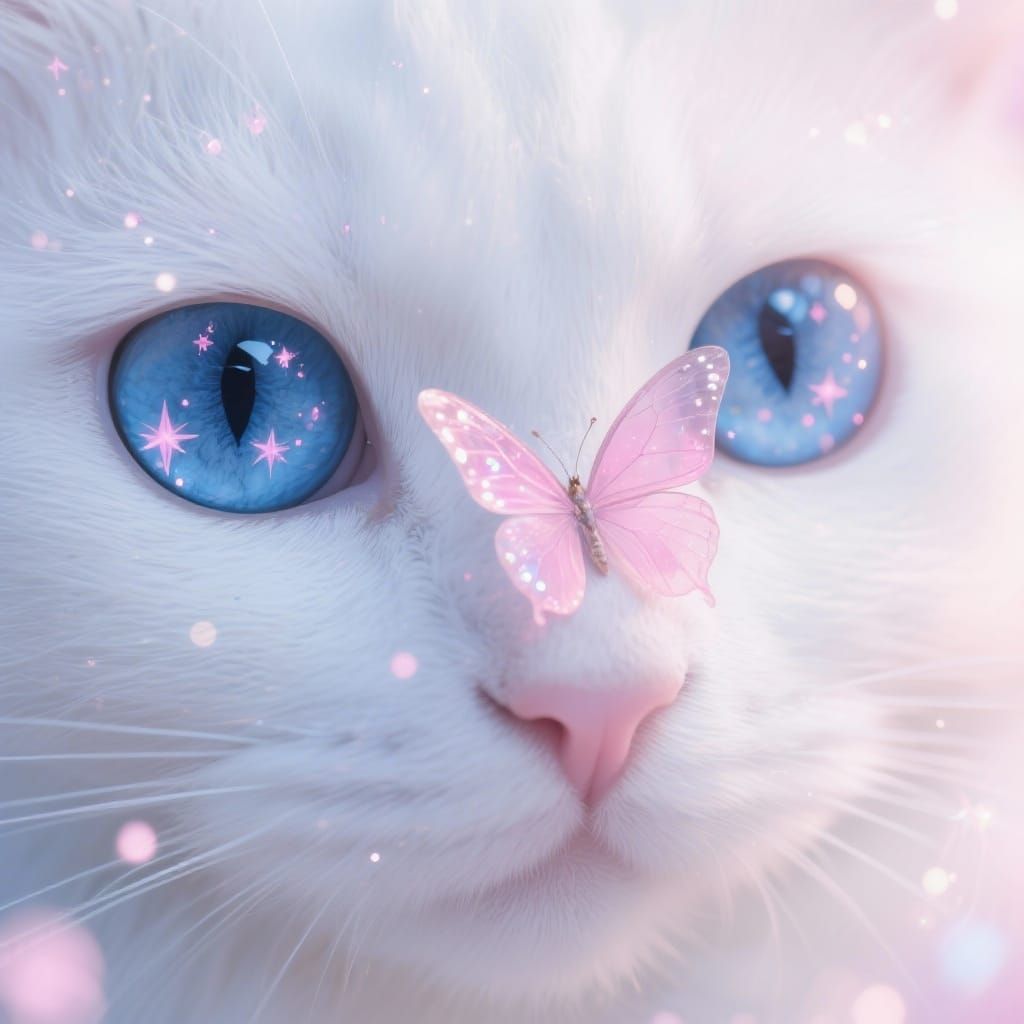 White Cat with Butterfly: Macro Photo