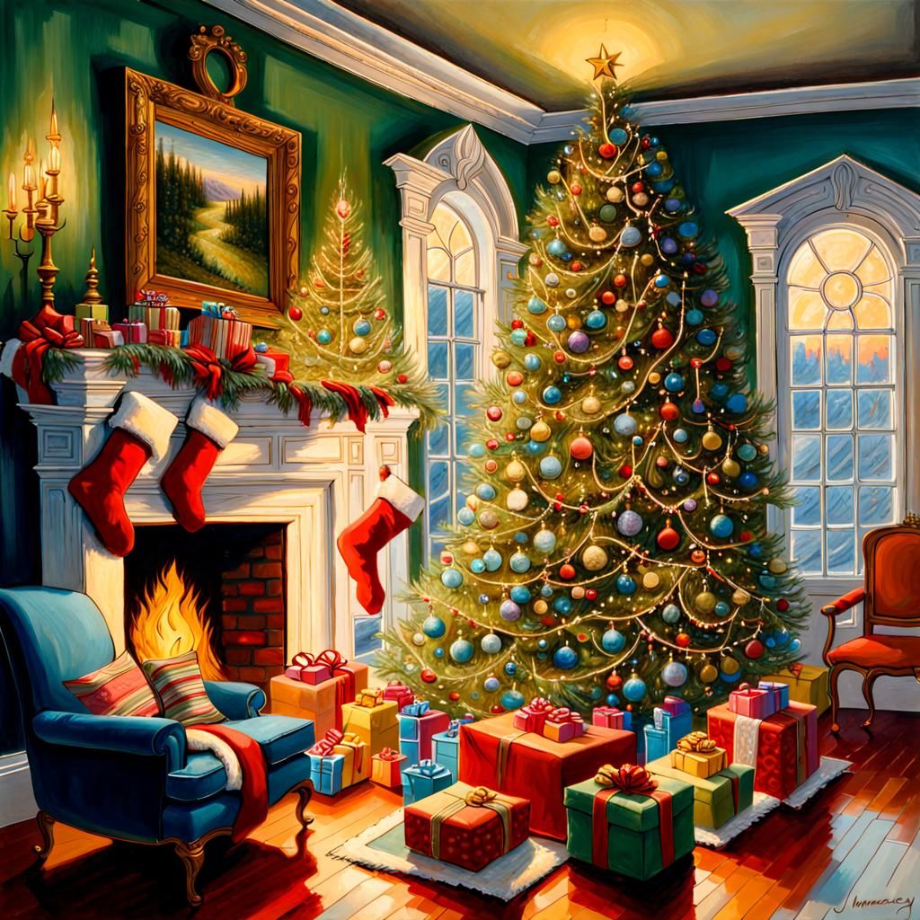 magnificently decorated Christmas tree inside elegant house with ...