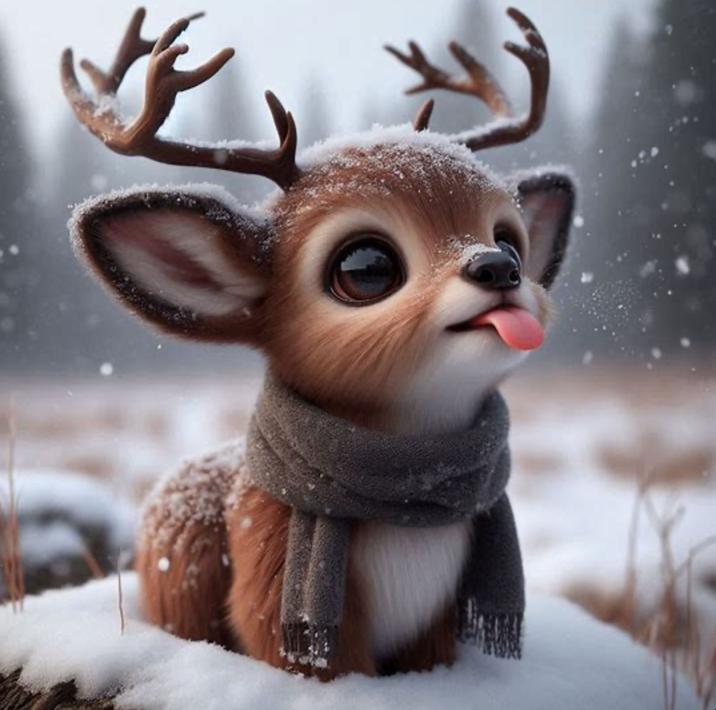 Baby Deer licking snowflakes