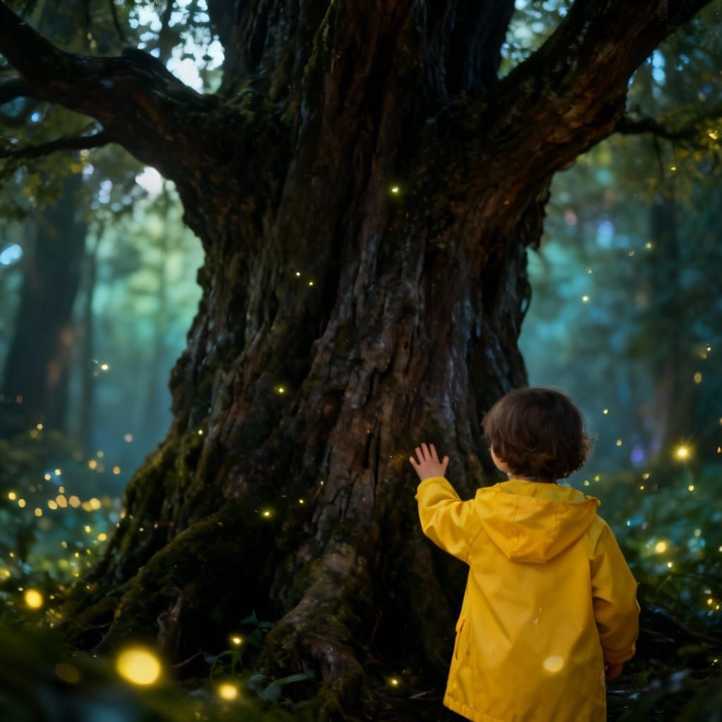 A young child in a bright yellow raincoat, seen from behind, reaches a small hand up towards a massive, ancient tree in a magical, glowing f...