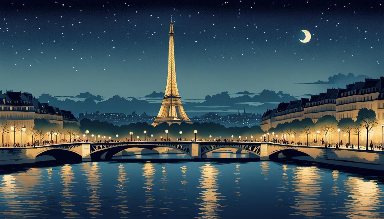 Paris at night in the style of Hokusai  by @Dr T