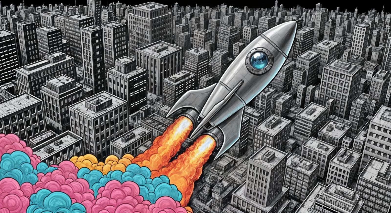 Retro Rocket Launch from Metropolis in Dada Style