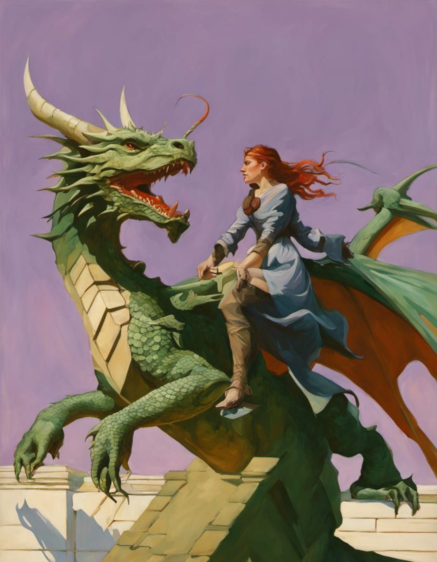 Dragon & warrior woman oil paint exact detail photo illustra...