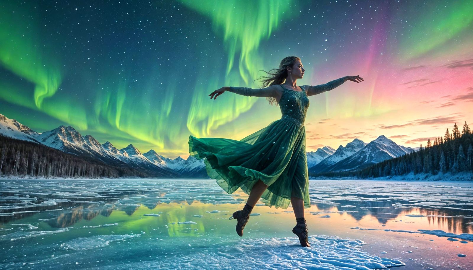 a beautiful dancer dancing on an icy lake in winter with colorful aurora borealis hyper detailed amazing ...  by @Paske Mazuro