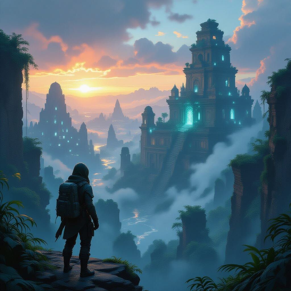 A lone explorer stands on a crumbling precipice, gazing out at a vast, alien jungle that has reclaimed a fallen metropolis. Strange, biolumi...