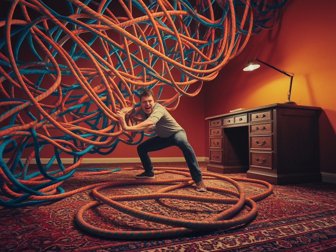 Gamer's Epic Struggle With Tangled Cables in Comic Art Style