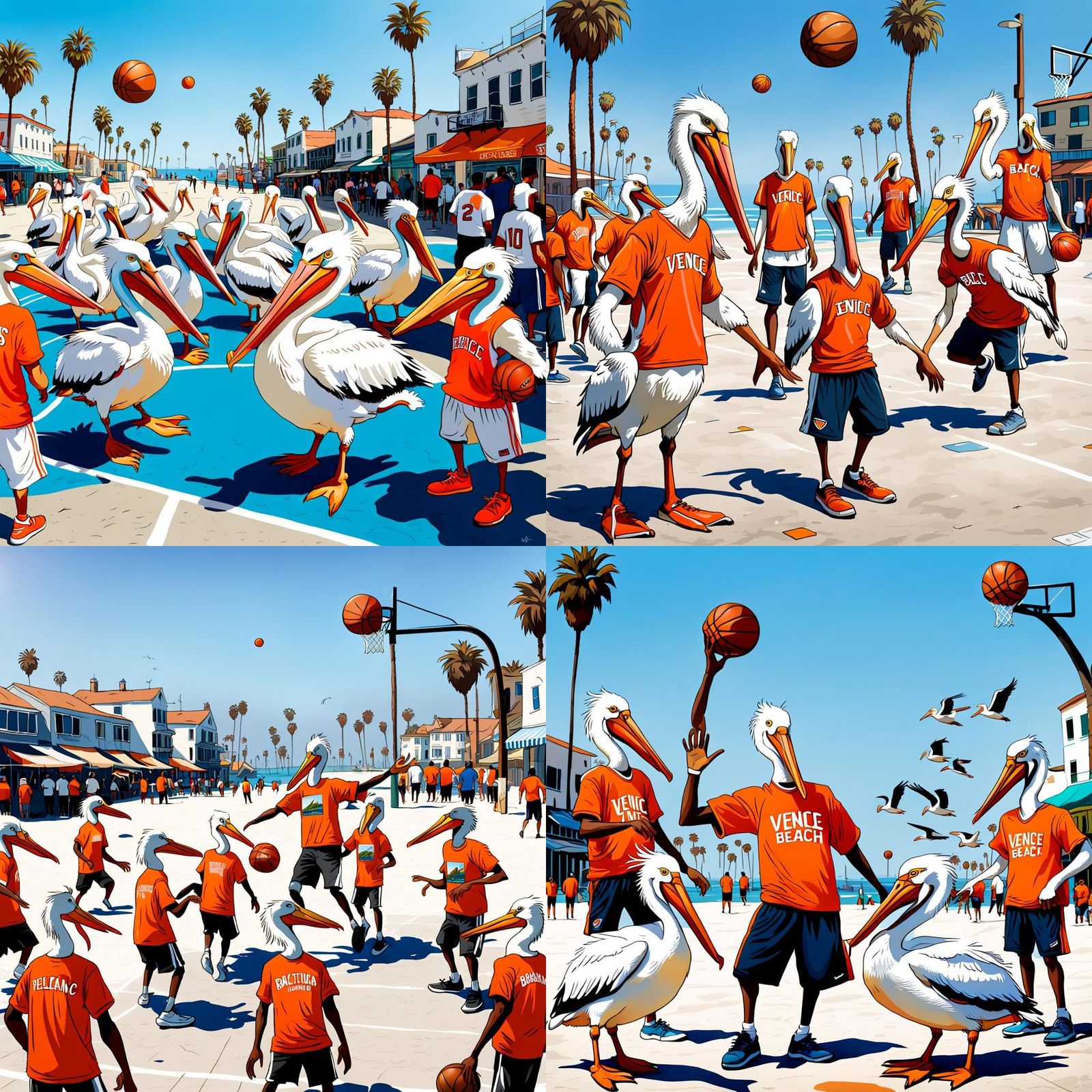 Cartoon White pelicans, wearing orange t-shirts, and  playin...