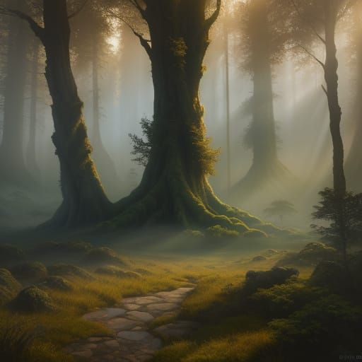 Magical Photorealistic Primordial Landscape at Golden Hour