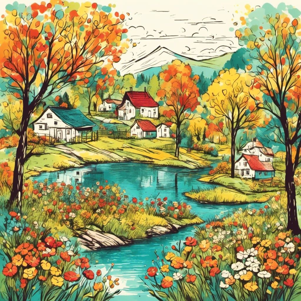 <lora:RetroDrawingXL:1.0> Village flowers trees lake colorful 