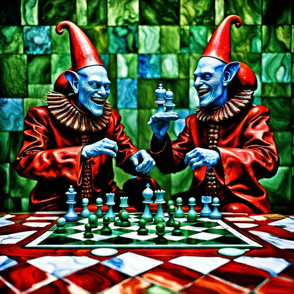 two blue jesters laughing, H.R. Giger, psychedelic, chess ga...