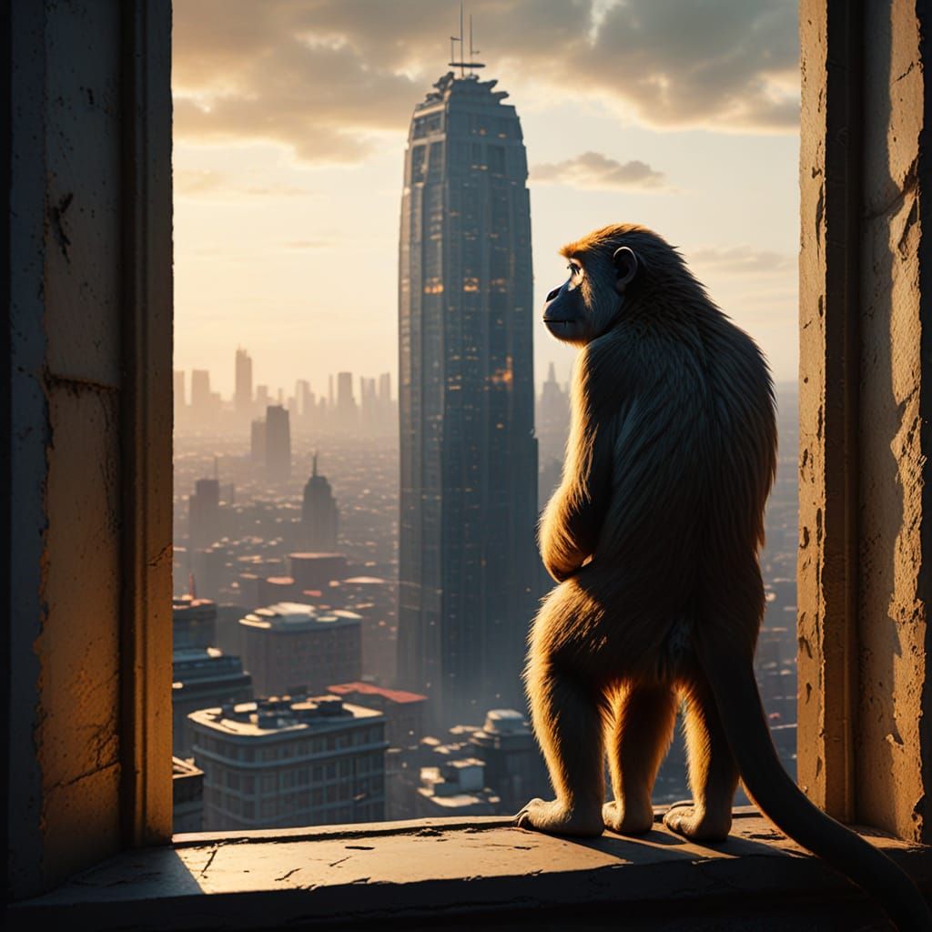 Vibrant Monkeys Surround Tower in Golden Hour