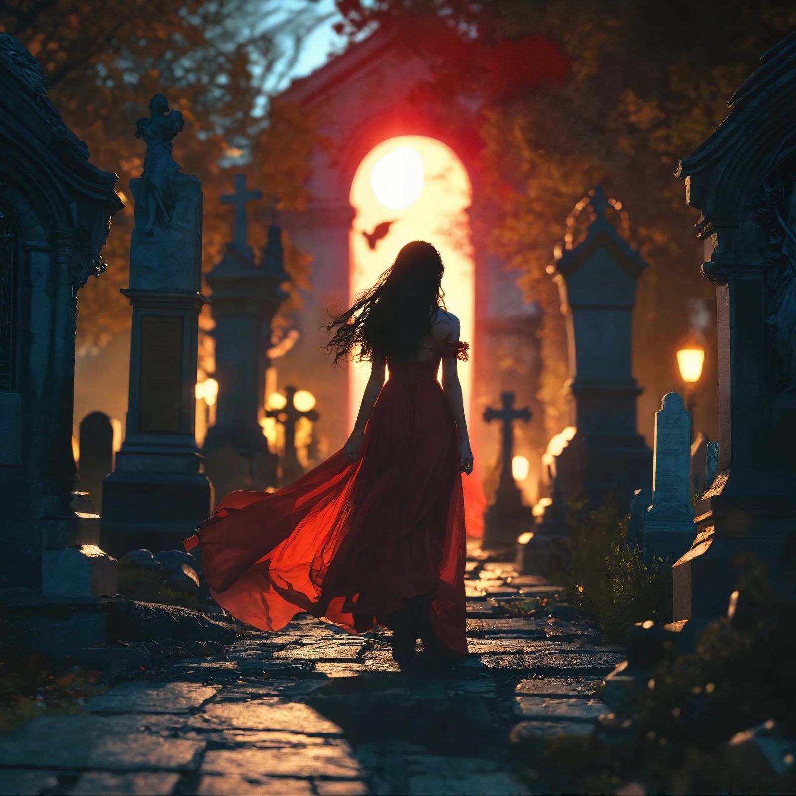 A black haired woman walking in a graveyard under the snow