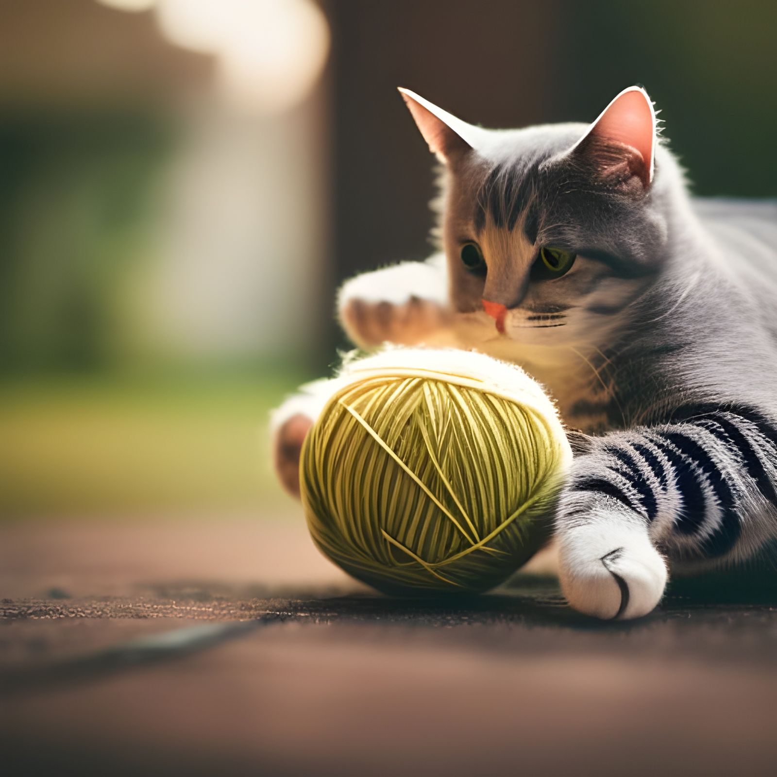 Cat playing with a ball of yarn