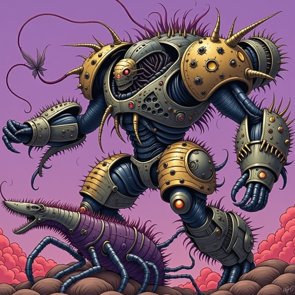 <lora:TheEngineWalks 2p0:1.0> A lilac/indigo gradient Venus-flytrap (kaiju-scaled, multiple thorny tendrils) grappling with a golden combat-...