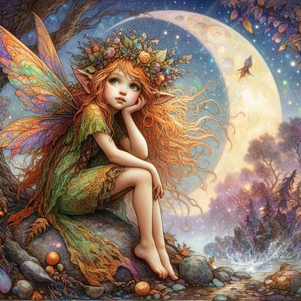 Renaissance painting of a pixie and the moon.