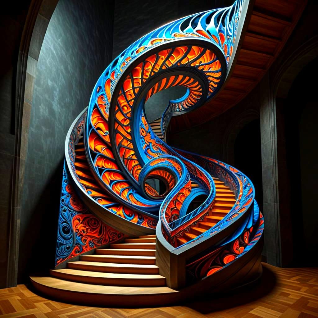 Elegant Women in Fractal Stairway Maze